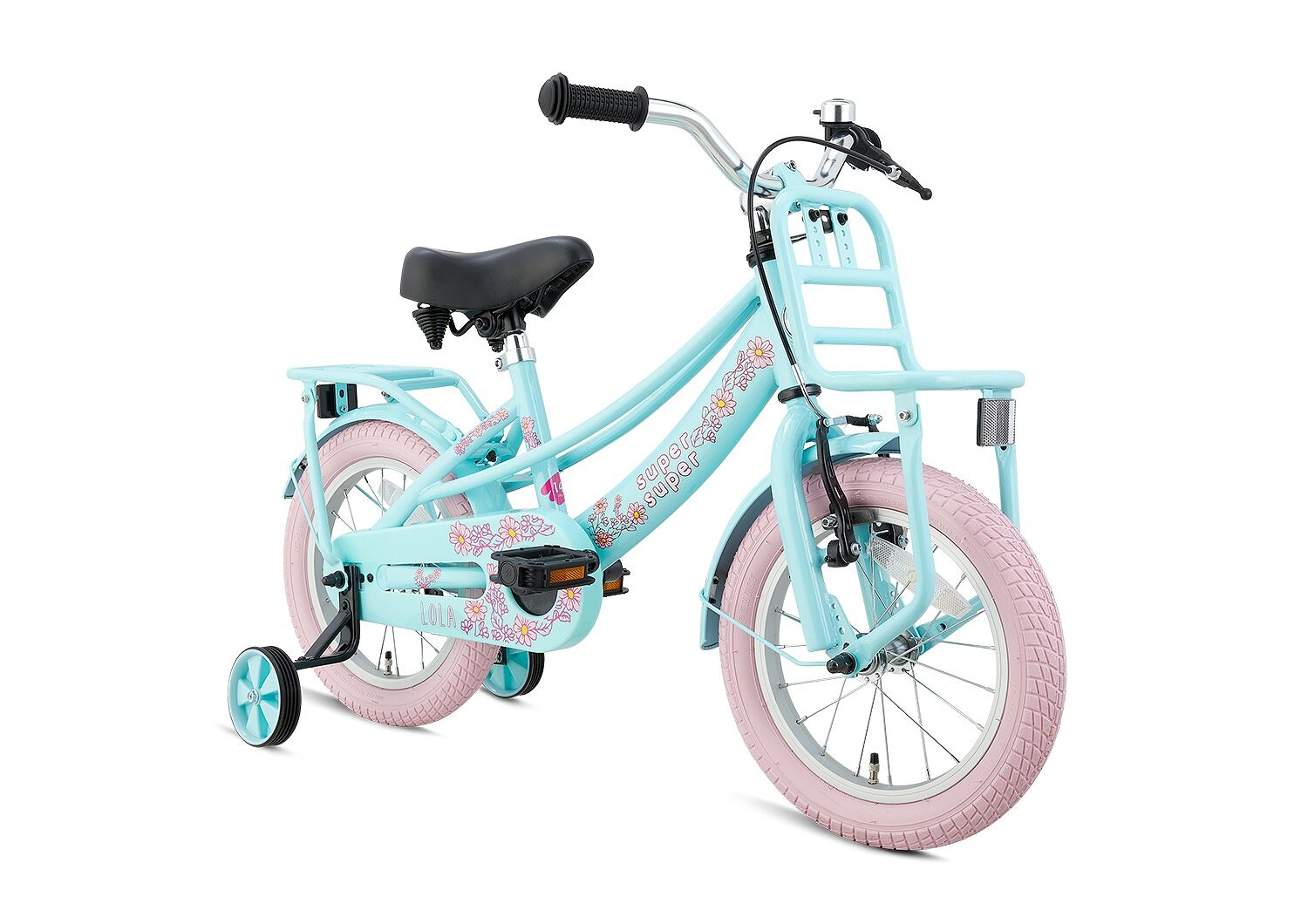 Supersuper Kinderfiets Lola Roze 14 inch Roze Groen