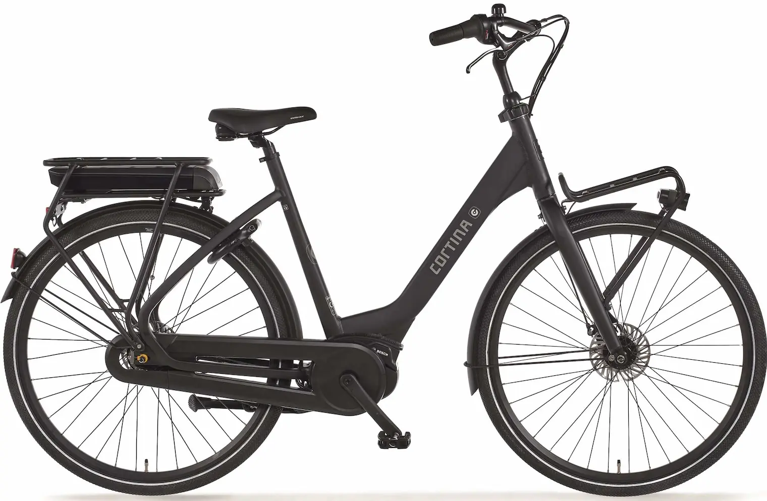 Cortina E-Common Elektrische damesfiets lage instap Bosch zwart 50cm 500Wh