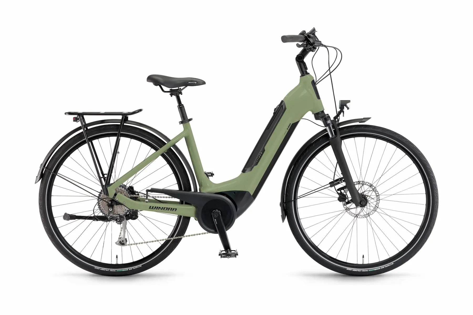 Winora Tria X9 2023 Elektrische damesfiets Trekking lage instap Bosch groen 61cm