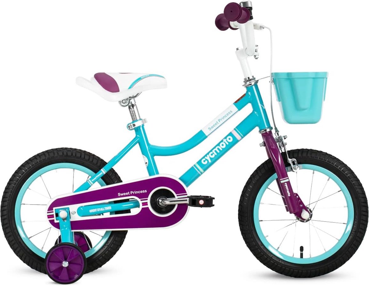 12/14/16 inch kinderfiets voor jongens en meisjes, 2-7 jaar, fiets met steunwielen, mand, handrem, schattig design, paars/roze Kinderfiets kopen online