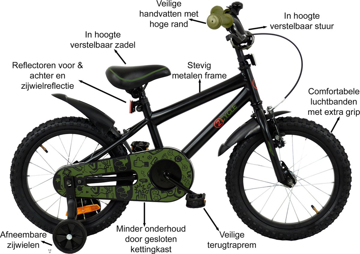 2Cycle BMX - Kinderfiets - 16 inch - Zwart-Groen - Jongensfiets -16 inch fiets Kinderfiets kopen online