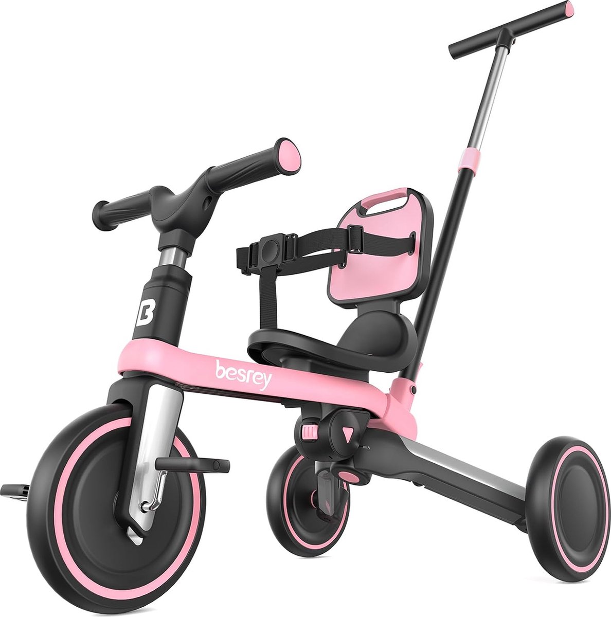7 in 1 driewieler voor kleine kinderen met stuurgreep voor 1 5 jaar opvouwbare loopfiets peuterfiets met wielkoppeling grotere wielen afneembare pedalen in hoogte verstelbare zitting roze