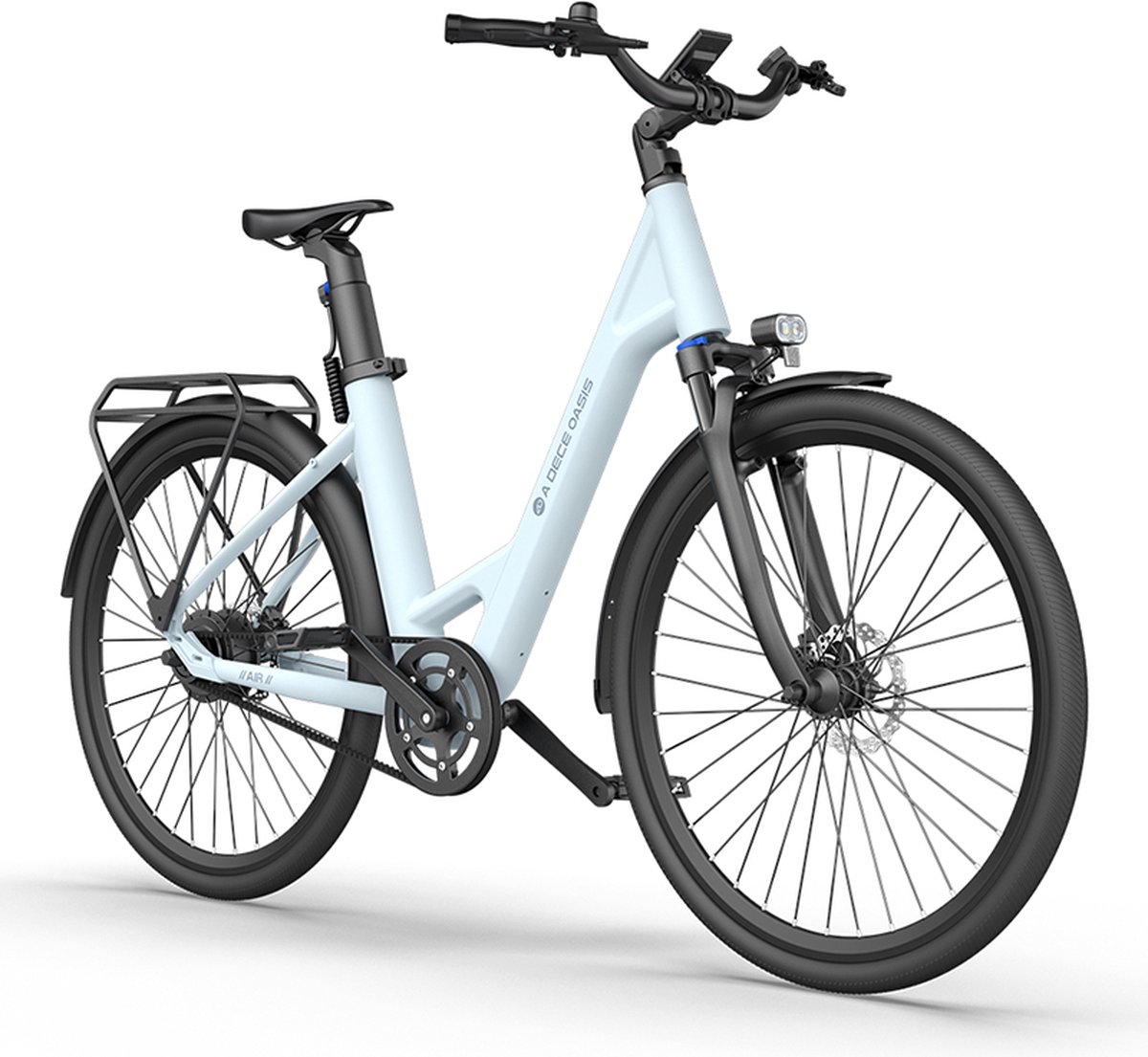 a dece oasis a28 air elektrische stadsfiets blauw samsung batterij carbon belt torque sensor ipx7 display hydraulische schijfremmen voorvork met vering