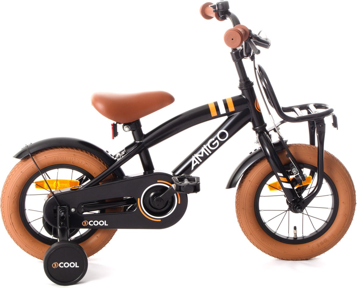 amigo 2cool jongensfiets 12 inch kinderfiets voor 2 tot 4 jaar 90 105 cm zwart met zijwieltjes