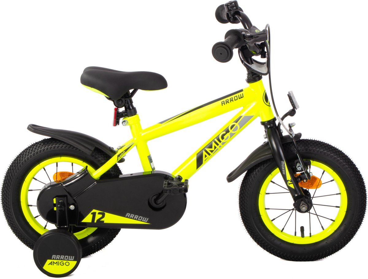 AMIGO Arrow Jongensfiets 12 Inch - Kinderfiets voor 2 tot 4 Jaar - 90-105 cm - Met Zijwieltjes - Geel/Zwart Kinderfiets kopen online