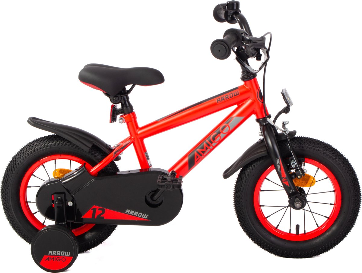 amigo arrow jongensfiets 12 inch kinderfiets voor 2 tot 4 jaar 90 105 cm met zijwieltjes rood zwart