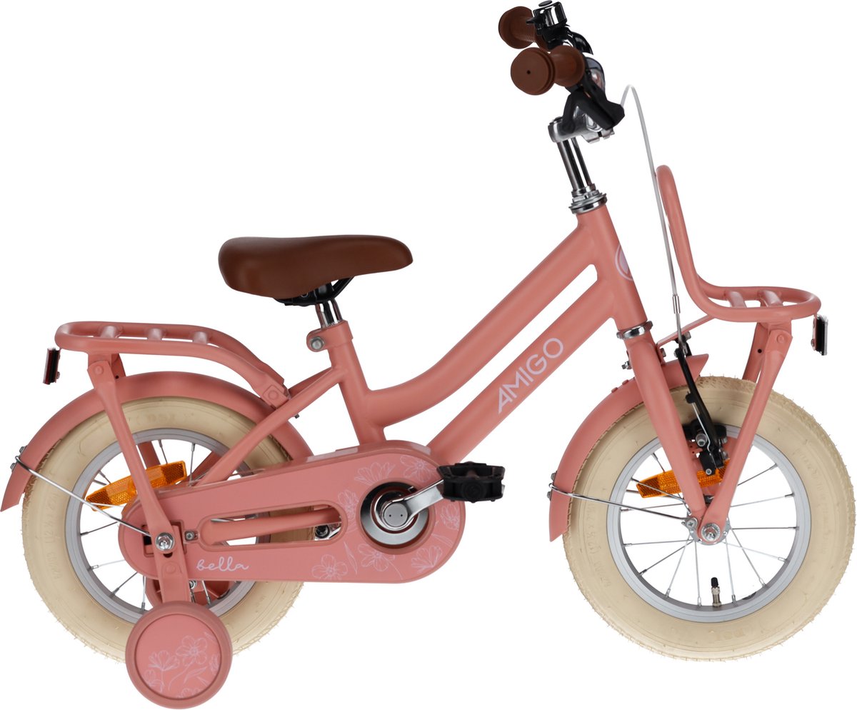 amigo bella meisjesfiets kinderfiets voor meisjes 14 inch 24 cm terugtraprem zalmroze