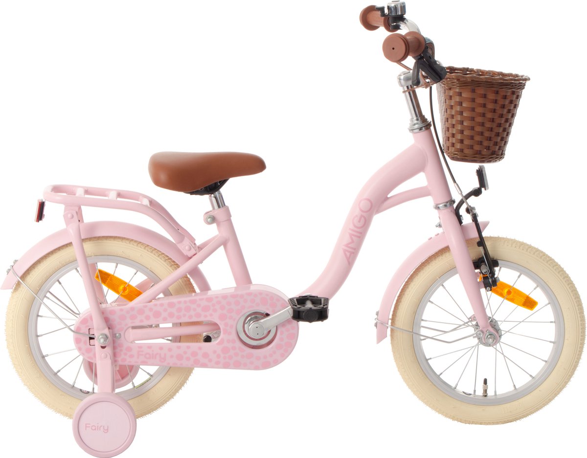 amigo fairy kinderfiets meisjesfiets 14 inch met terugtraprem met zijwieltjes roze
