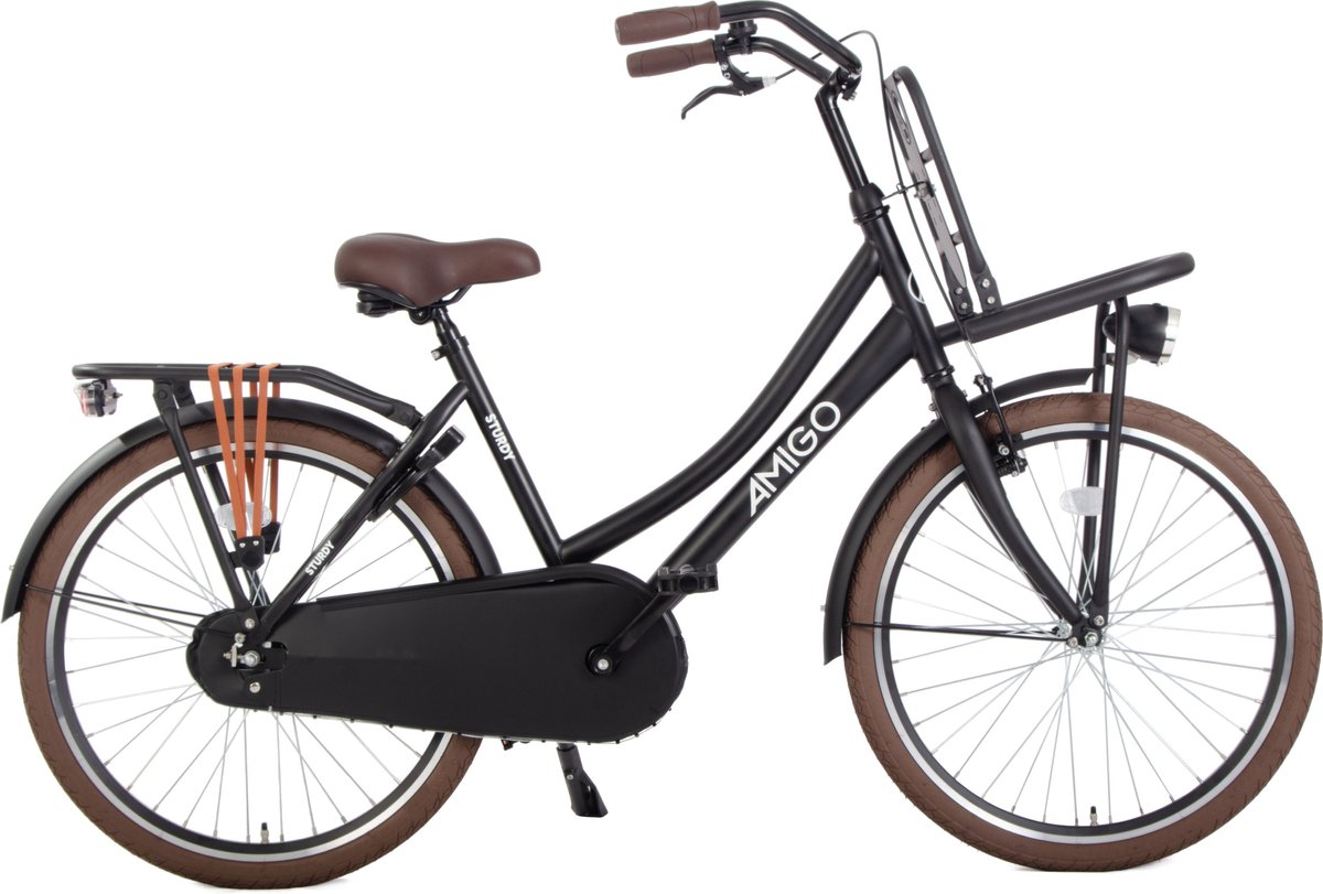 amigo sturdy transportfiets omafiets met voordrager kinderfiets 43 cm 24 inch terugtraprem v brake matzwart
