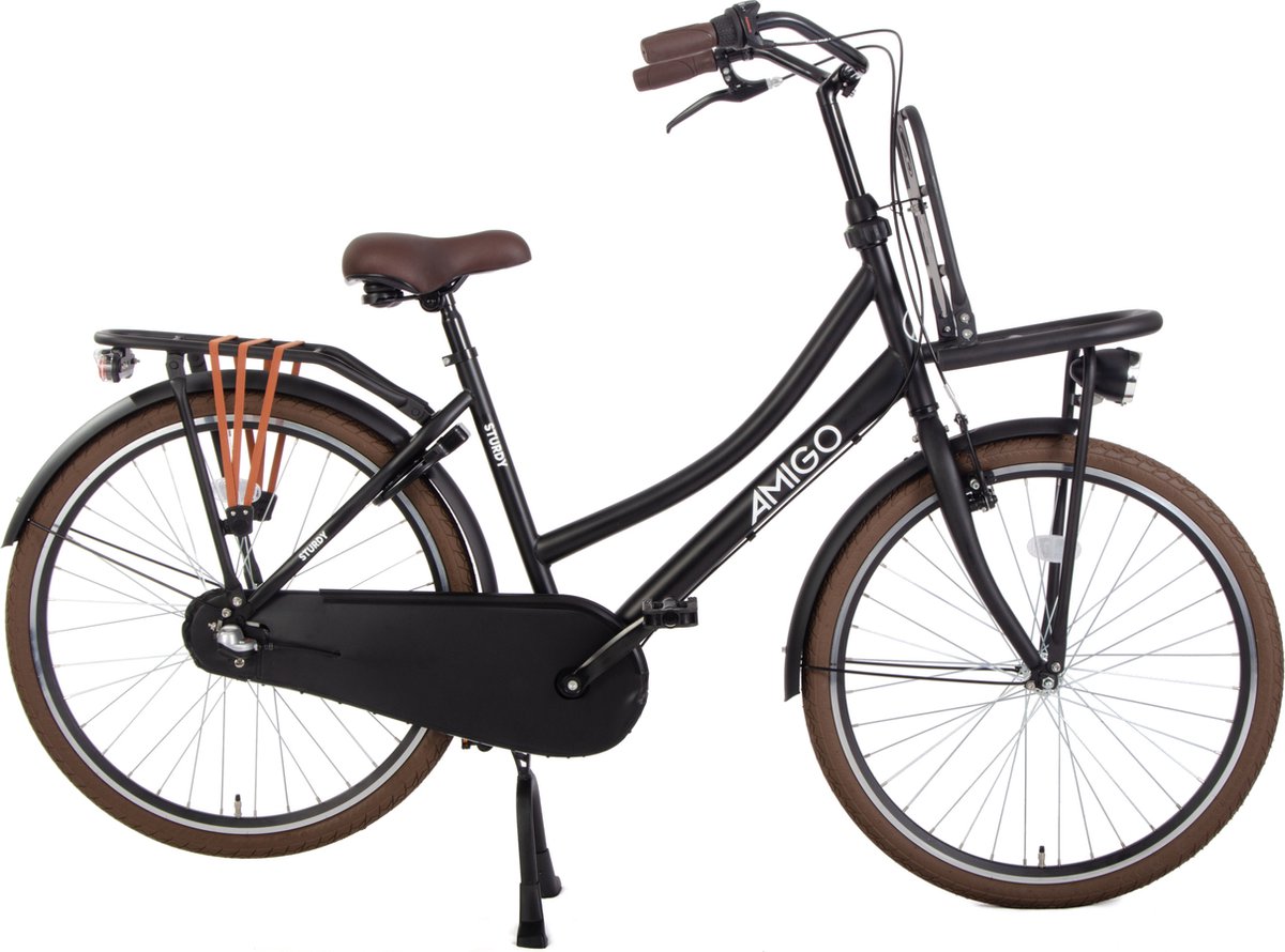 AMIGO Sturdy - Transportfiets - Omafiets met voordrager - Kinderfiets - 46 cm - 26 inch - 3 versnellingen - Terugtraprem & V-Brake - Matzwart Fiets kopen online