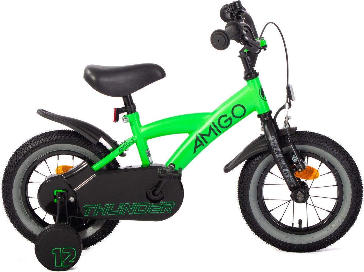 AMIGO Thunder Jongensfiets 12 Inch - Kinderfiets voor 2 tot 4 Jaar - 90-105 cm - Met Zijwieltjes - Groen/Zwart Kinderfiets kopen online
