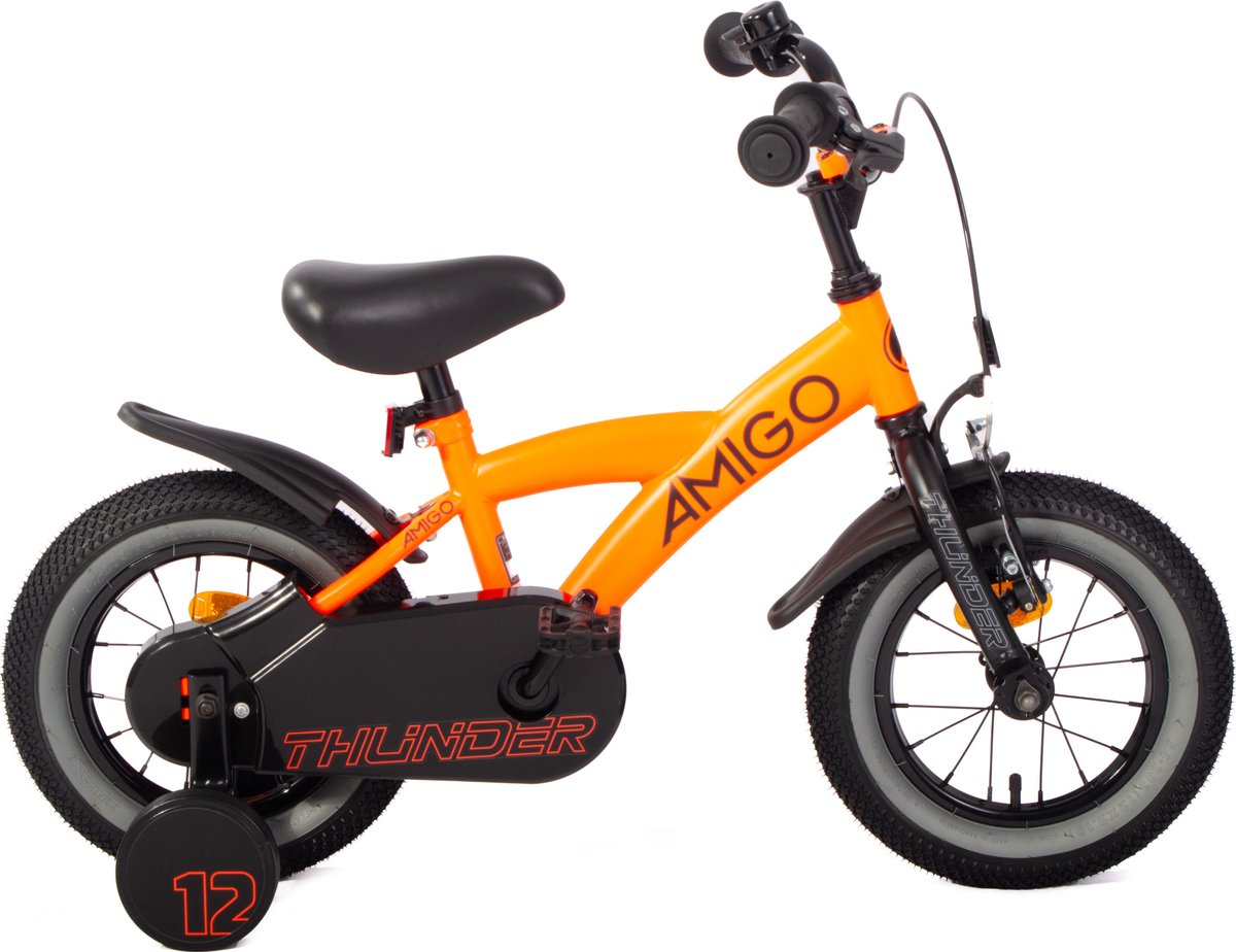 amigo thunder jongensfiets 12 inch kinderfiets voor 2 tot 4 jaar 90 105 cm met zijwieltjes oranje zwart
