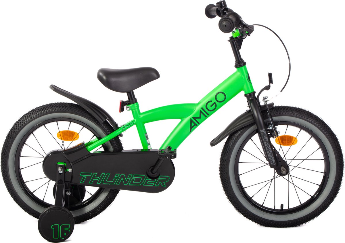 AMIGO Thunder Jongensfiets 16 Inch - Kinderfiets voor 4 tot 6 Jaar - 100-115 cm - Met Zijwieltjes - Groen/Zwart Kinderfiets kopen online