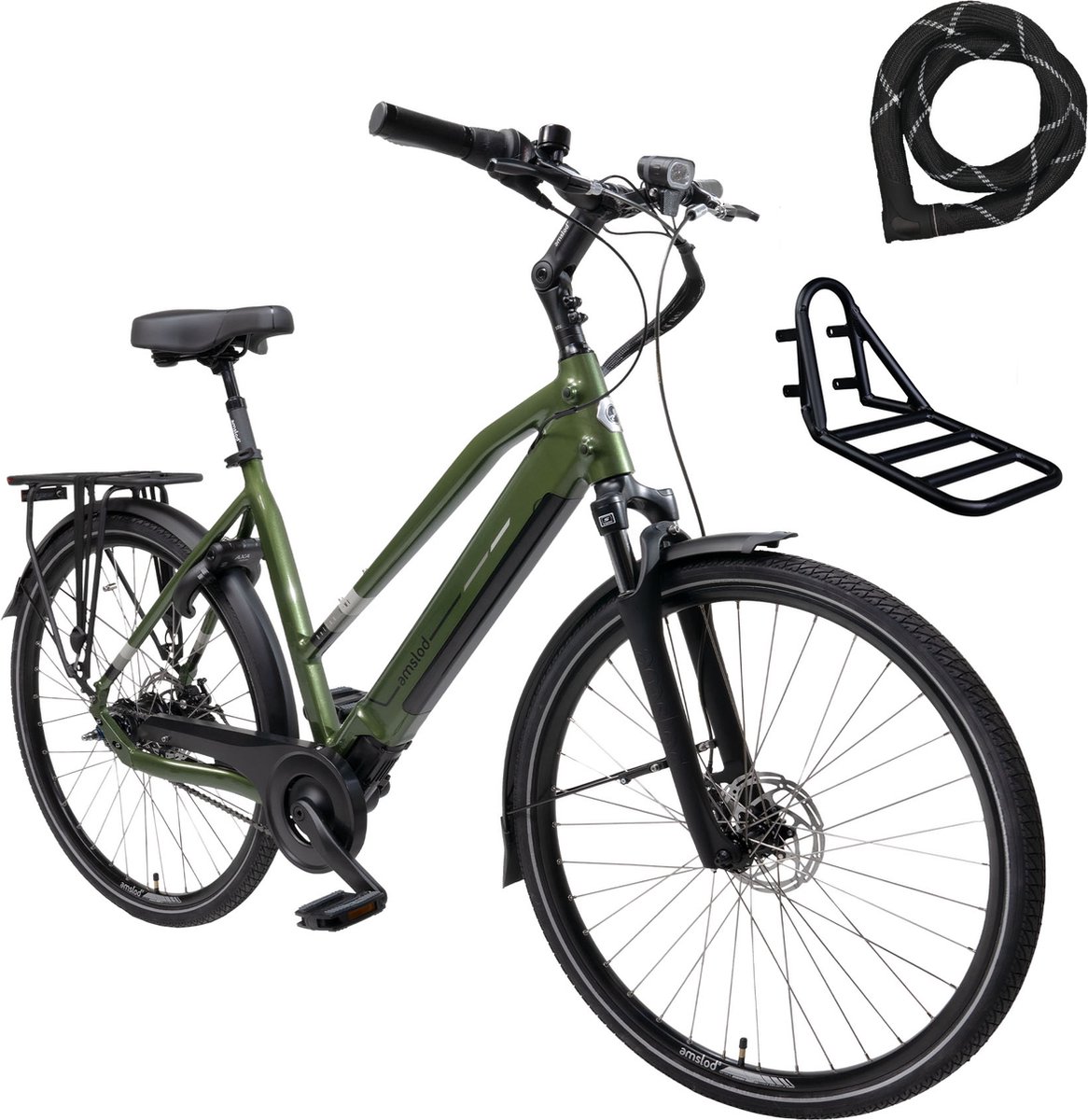 Amslod Dalton E-MV Black Edition Elektrische Fiets - City Elite collectie - Maat M (53cm) - Racing Green - 360Wh accu - Voordrager (rekje) + ABUS Iven Chain 8210 110cm slot Fiets (elektrisch) kopen online
