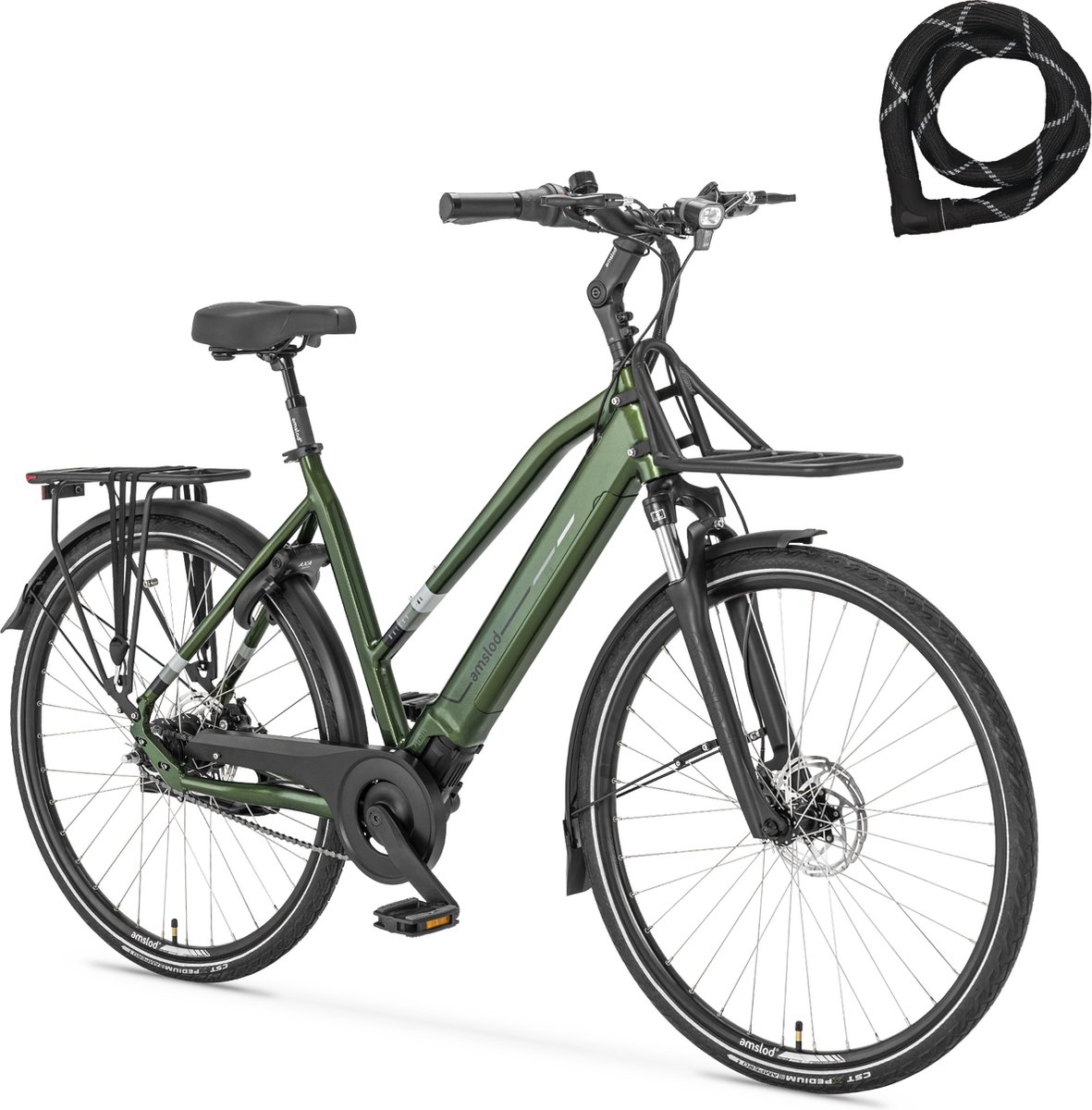 Amslod Dalton E-MV Elektrische Fiets - City Elite collectie - Maat M (53cm) - Racing Green - 360 Wh accu + Voordrager (rekje) + ABUS Iven Chain 8210 110cm slot Fiets (elektrisch) kopen online