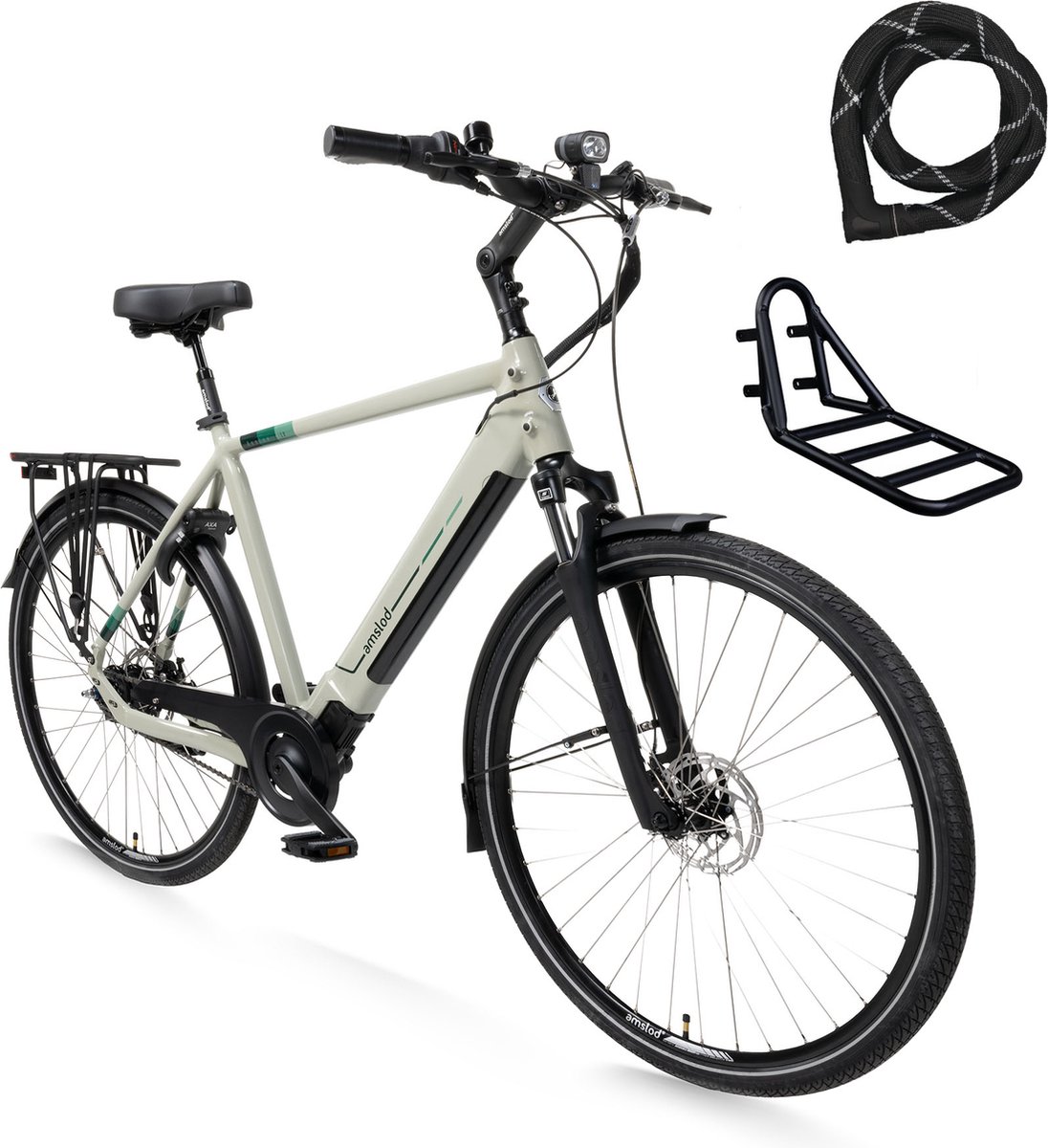Amslod Denton E-LV Black Edition Elektrische Fiets - City Elite collectie - Maat L (56cm) - Arden Green - 360Wh accu + Voordrager (rekje) + ABUS Iven Chain 8210 110cm slot Fiets (elektrisch) kopen online