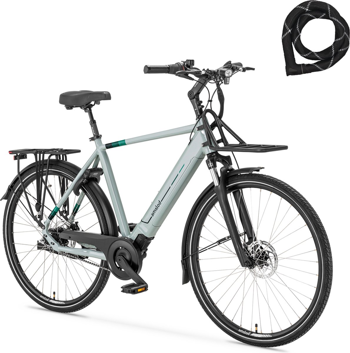 Amslod Denton E-LV Elektrische Fiets - City Elite collectie - Maat L (56cm) - Arden Green - 360Wh accu + Voordrager (rekje) + ABUS Iven Chain 8210 110cm slot Fiets (elektrisch) kopen online