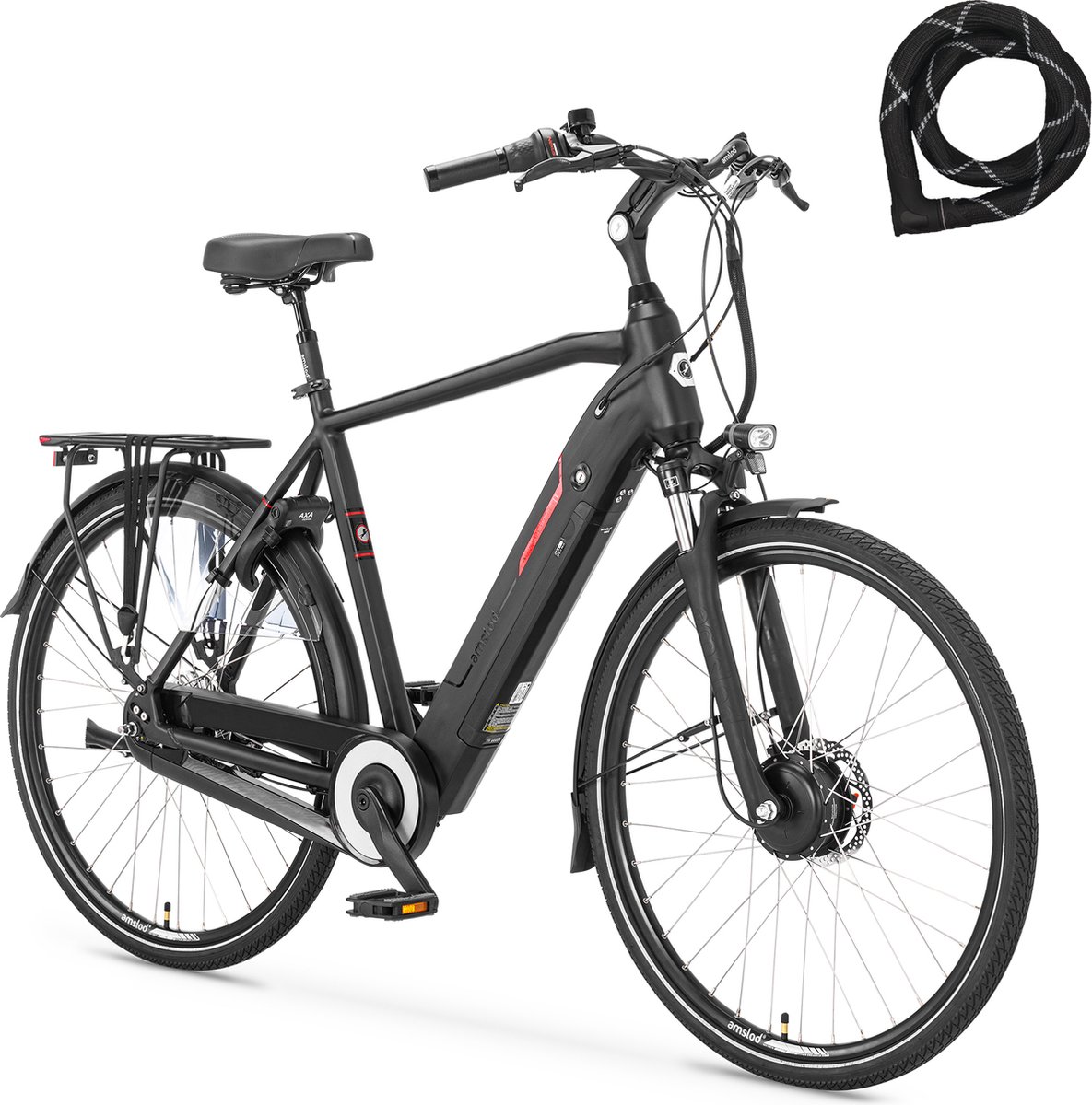 amslod highland f lv elektrische fiets maat l 58cm voorwielmotor jet black 540wh accu abus iven chain 8210 110cm slot comfort flow collectie