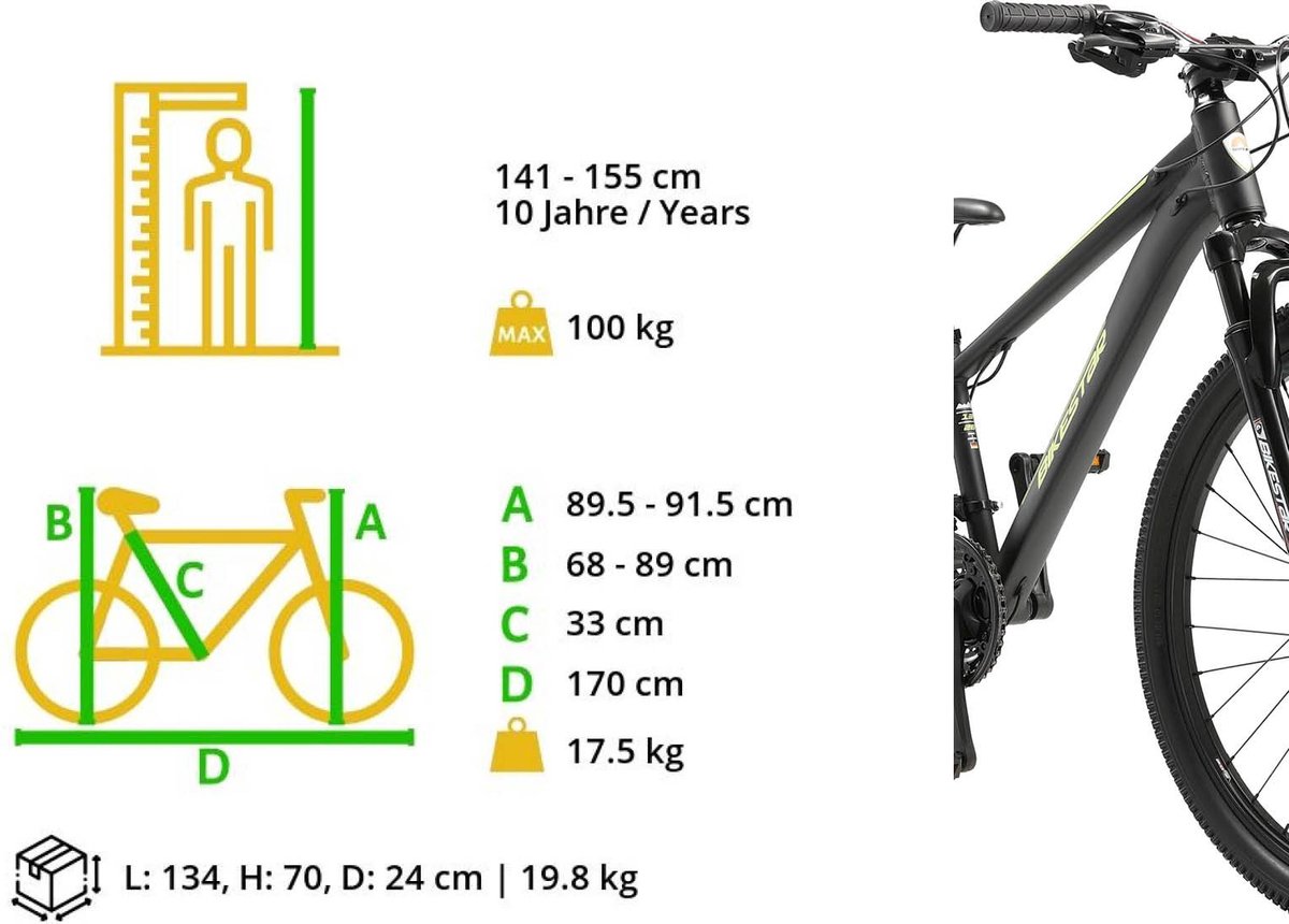 bikestar hardtail mtb alu sport s 26 inch 21 speed zwart geel