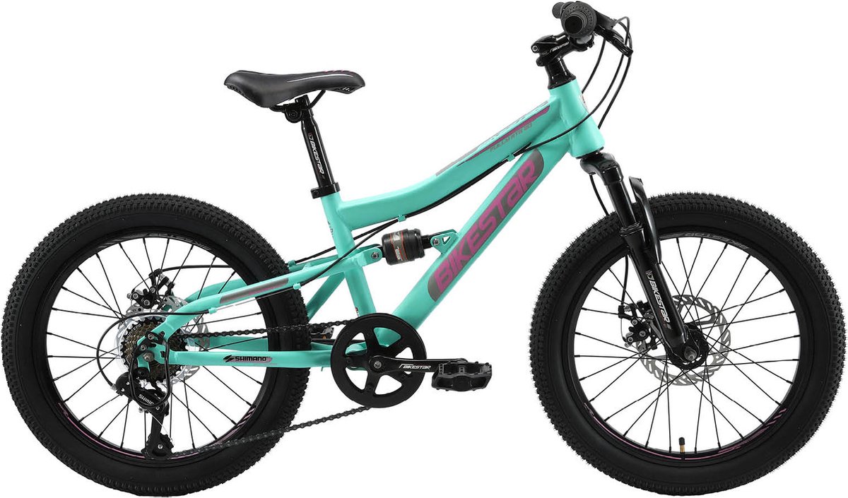 bikestar kinderfiets mtb fully staal 7speed 20inch mintgroen