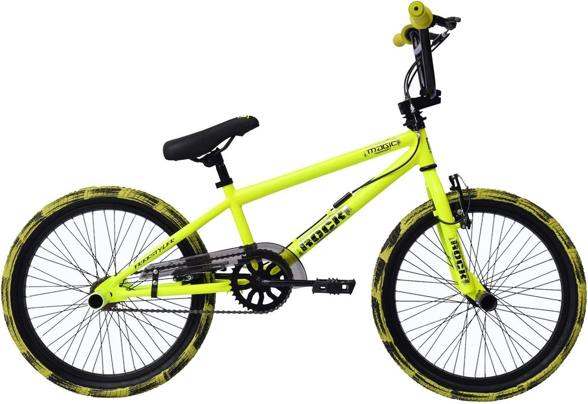 bmx freestyle rapid 360 graden draaien 20 inch wielmaat fietsen jongens v brakes en remgrepen frame maat 28cm geel zwart