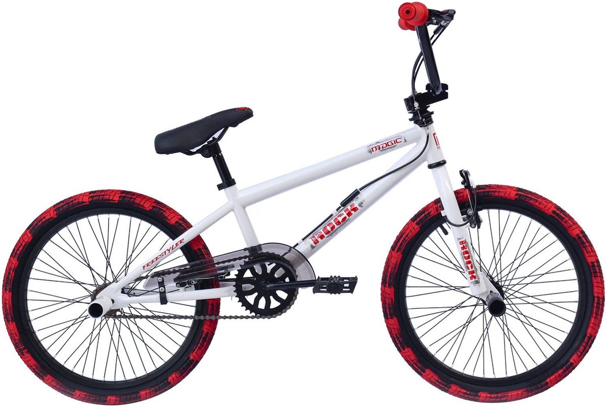 bmx freestyle rapid 360 graden draaien 20 inch wielmaat fietsen jongens v brakes en remgrepen frame maat 28cm wit rood