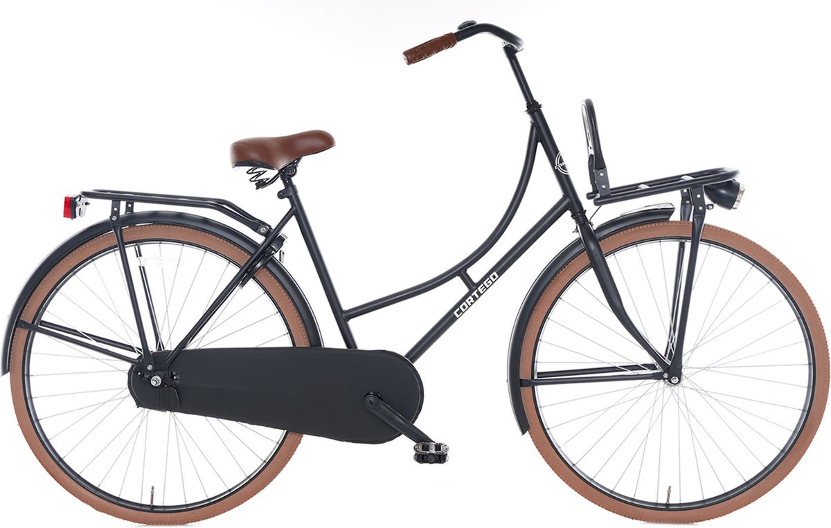 Cortego Omafiets Plus 28 Inch Mat-Zwart - Bruin - Damesfiets - Transportfiets - Stadsfiets - Inclusief Voordrager Fiets kopen online