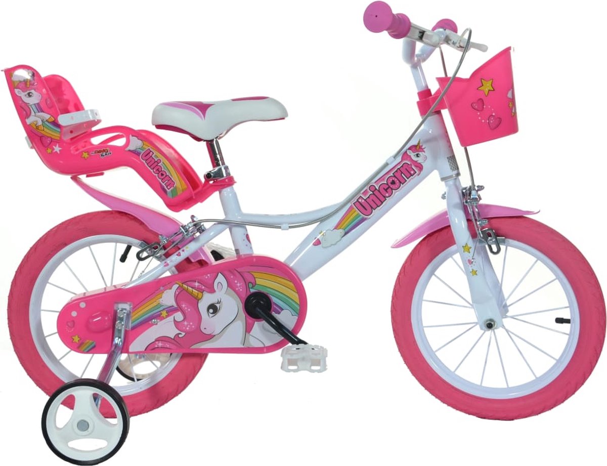 dino bikes eenhoorn kinderfiets meisjes 14 inch wit roze