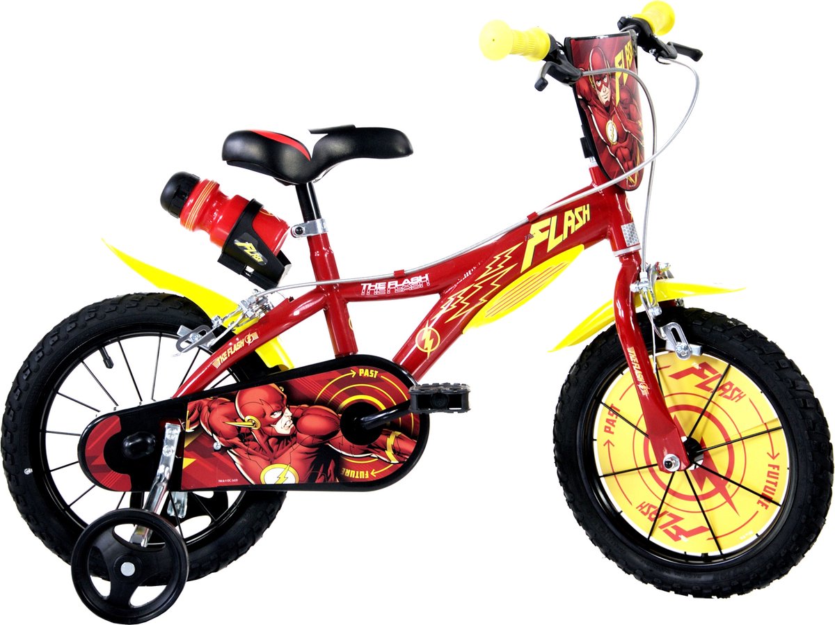 Dino Flash - Kinderfiets 14 Inch - van 3-5 Jaar - met Zijwieltjes - Jongensfiets Rood Kinderfiets kopen online