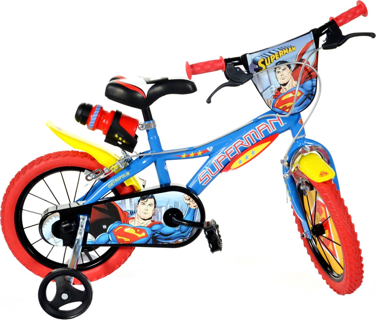 dino superman kinderfiets 14 inch van 3 5 jaar met zijwieltjes jongensfiets blauw