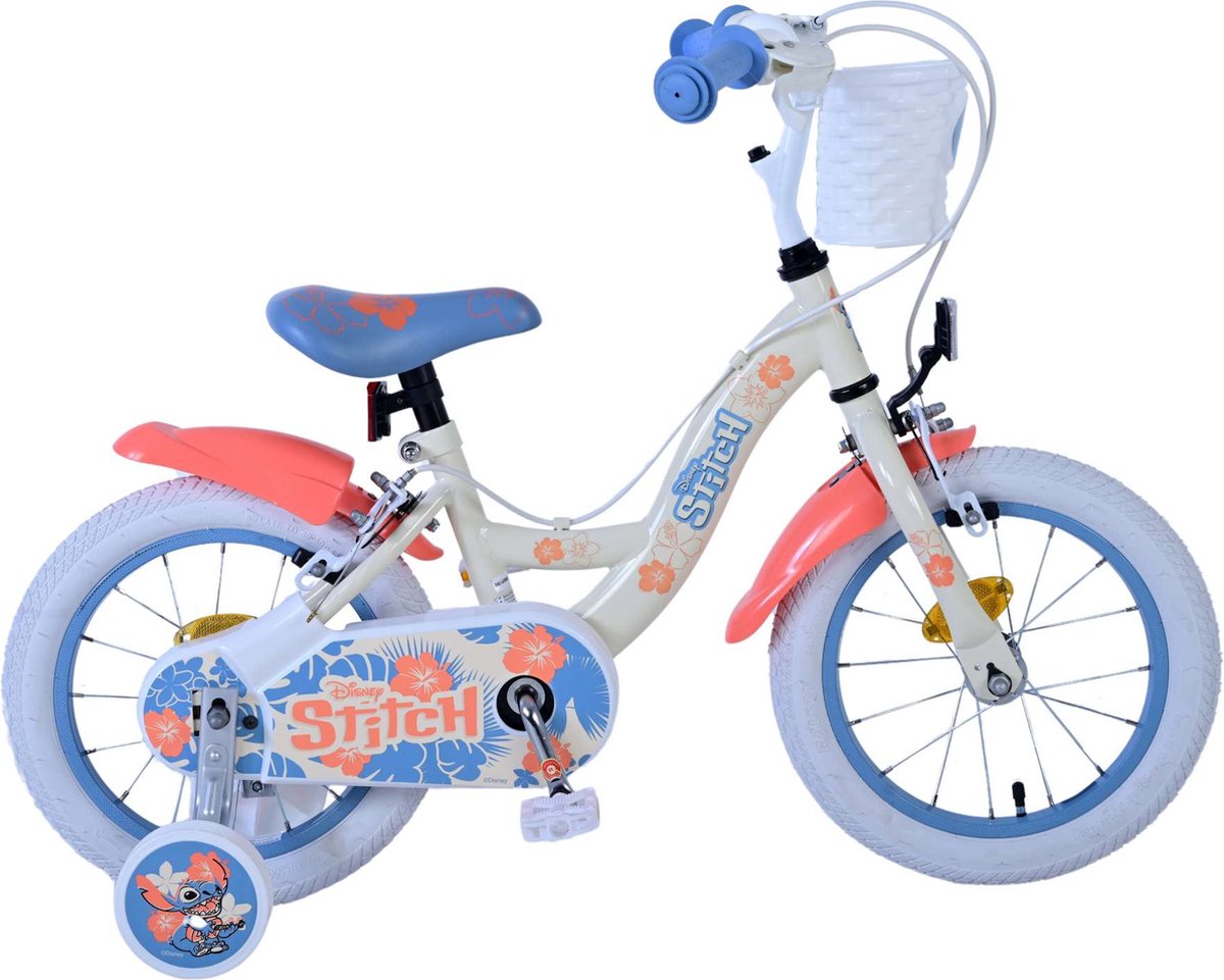 disney stitch kinderfiets meisjes 14 inch cr me koraal blauw twee handremmen