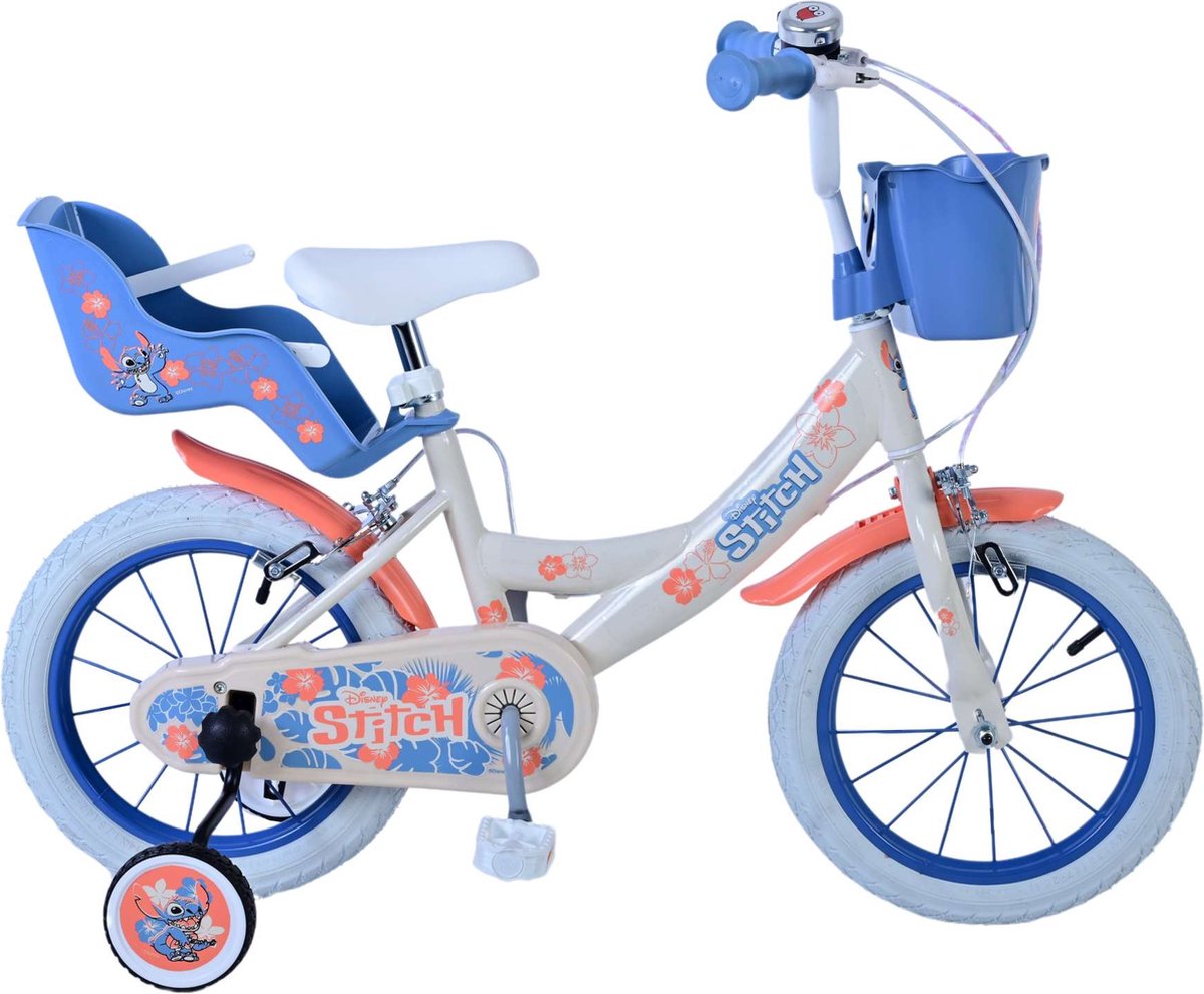disney stitch kinderfiets meisjes 14 inch creme koraal blauw twee handremmen