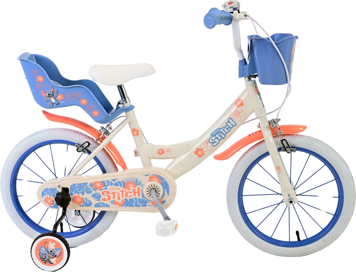 Disney Stitch Kinderfiets - Meisjes - 16 inch - Creme Koraal Blauw - Twee handremmen Kinderfiets kopen online