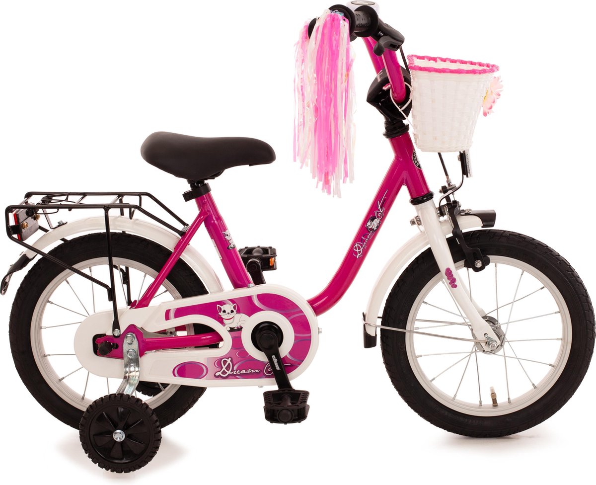 dream cat kinderfiets 14 inch purper wit met mand en franjes