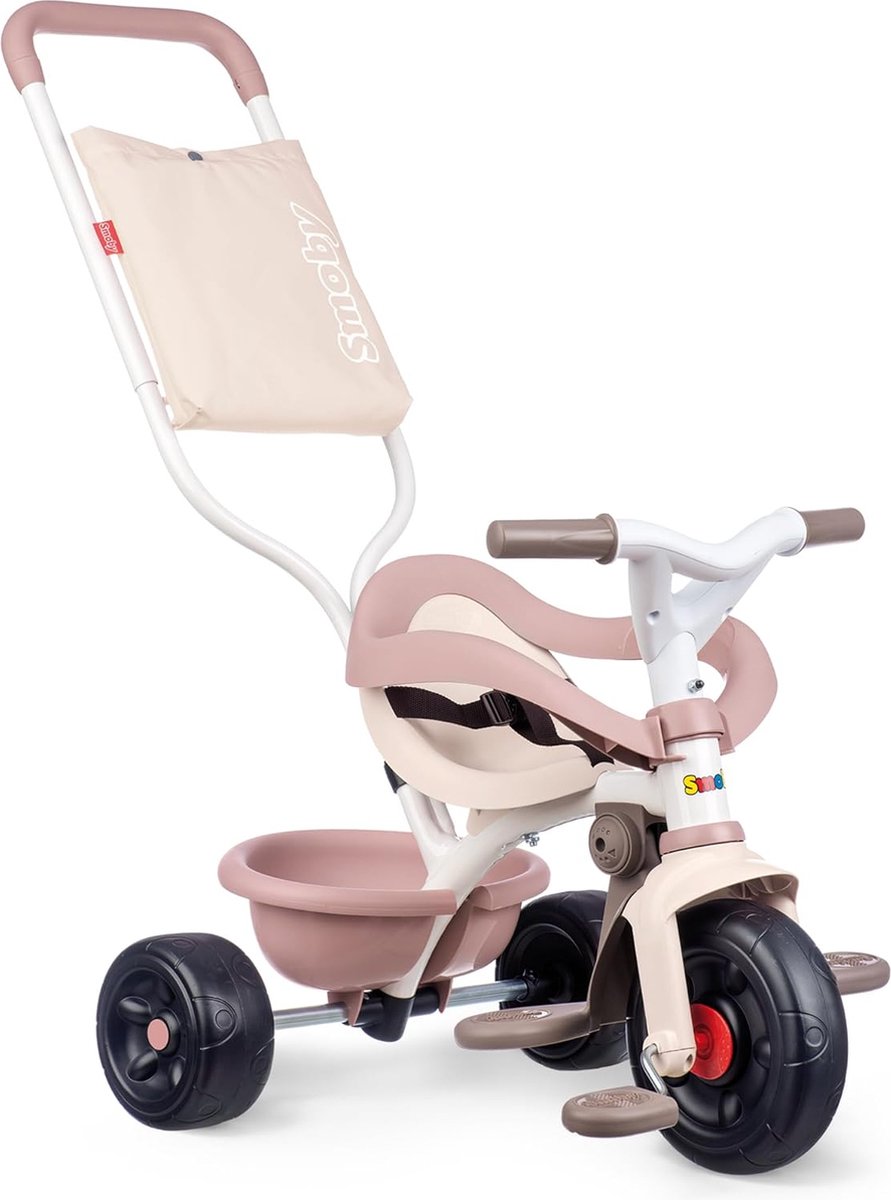driewieler fun comfort roze kinderfiets vanaf 10 maanden uitbreidbaar ouderhengel met tas veiligheidsbeugel