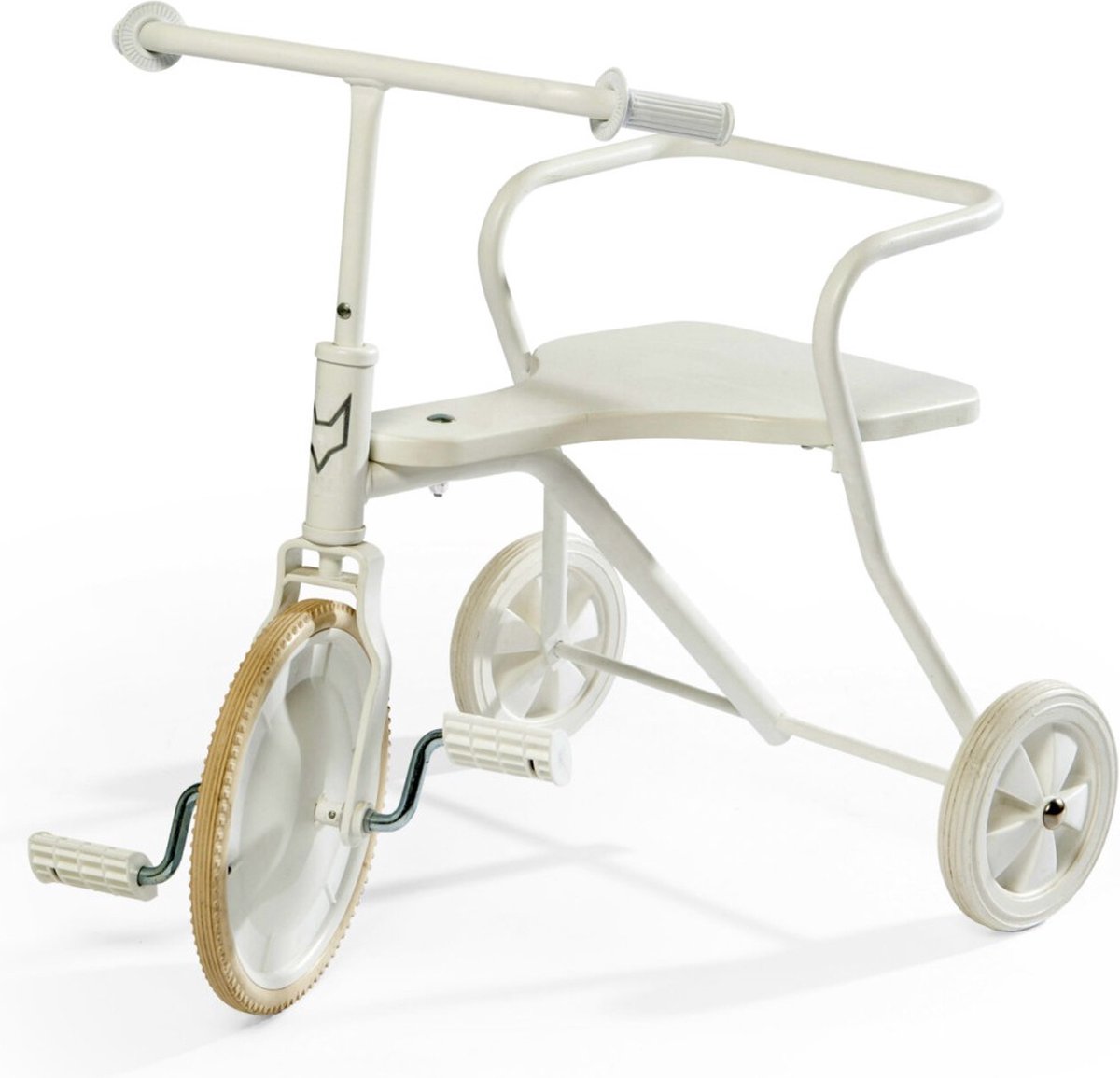 driewieler klassiek geen versnellingen houten zitting driewielfiets wit