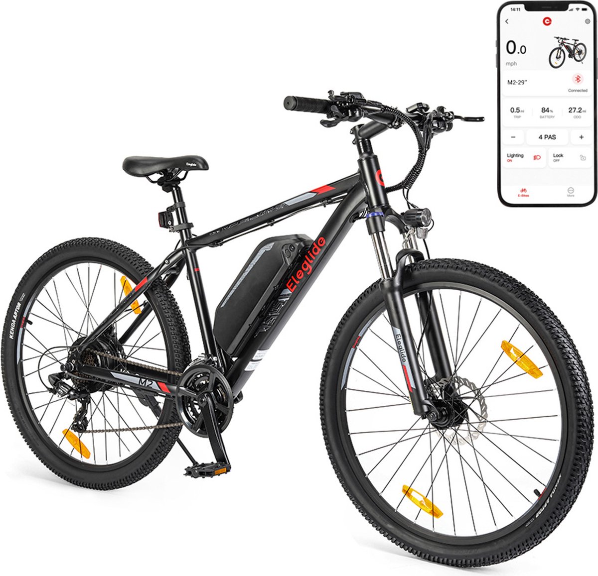 eleglide m2 29 elektrische bromfiets 250w motor 36v 15ah accu 125km max actieradius hydraulische schijfremmen smart lcd display smart app premium vering met lock out 24 versnellingen zwart