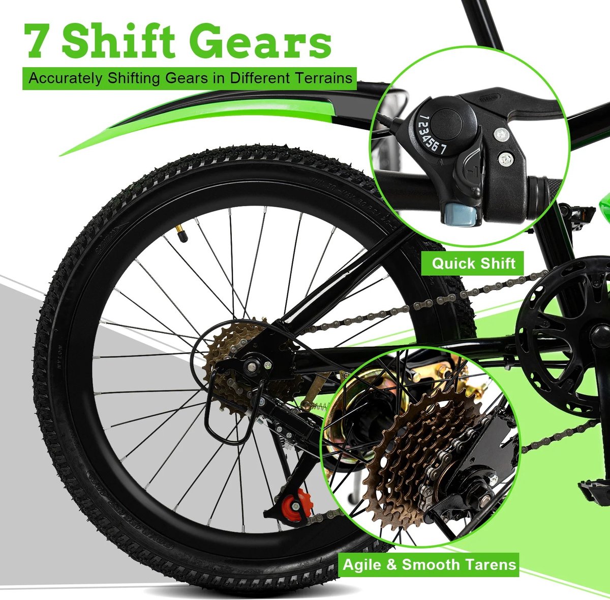 gran vida mountainbike 20 inch 7 snelheden dubbele schijfrem koolstofstaal groen zwart