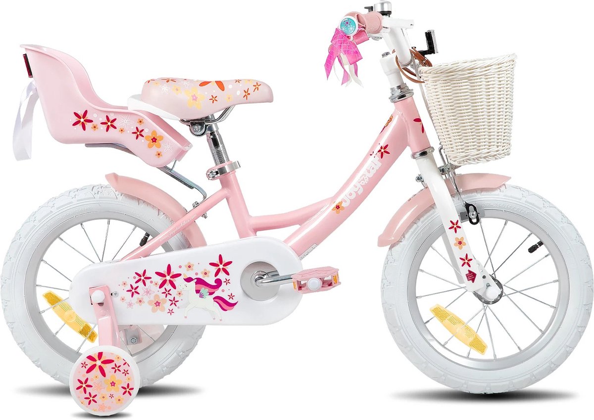 hfl goods 12 inch meisjes fiets met fietsmandje met poppenzitje achterop met leuke versiering rondom de handvaten licht roze