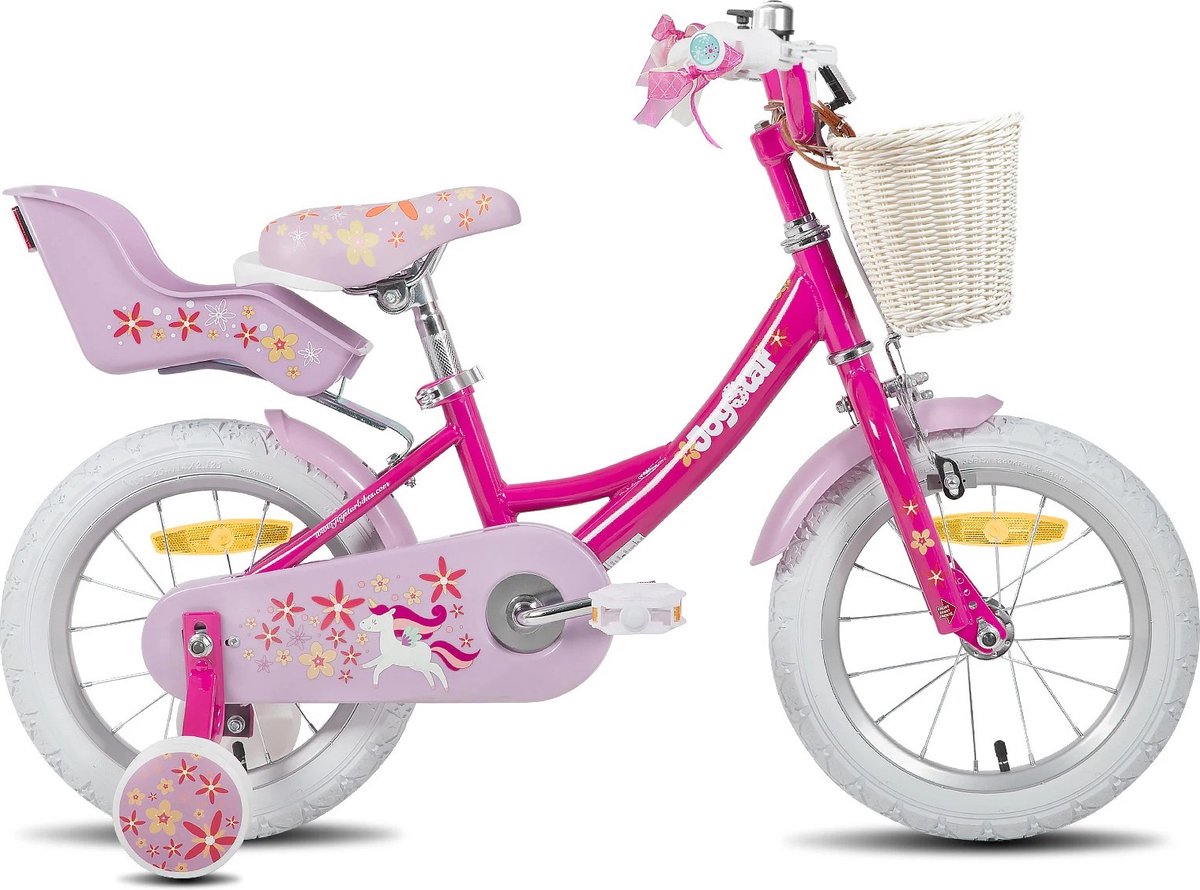 hfl goods 12 inch meisjes fiets met fietsmandje met poppenzitje achterop met leuke versiering rondom de handvaten paars