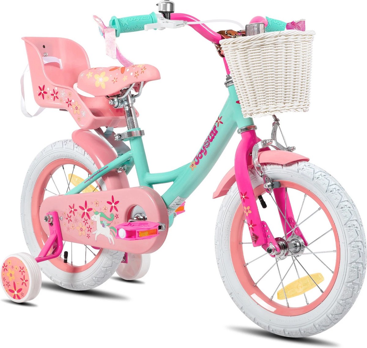 hfl goods 16 inch meisjes fiets met fietsmandje met poppenzitje achterop met leuke versiering rondom de handvaten mintgroen met roze