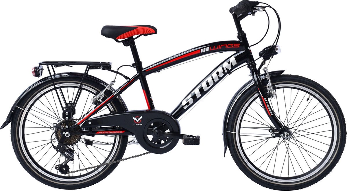Jongensfiets Storm Beast - Met 6 versnellingen - Racefiets - 20 inch wielmaat - V brakes en remgrepen - Framemaat 30cm - Zwart/rood Kinderfiets kopen online