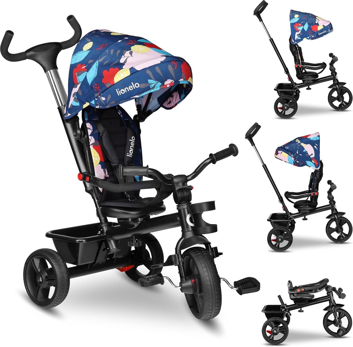 kinder driewieler 4 in 1 draaibare zitting 1 5 tot 5 jaar verstelbare ouderhandvat besturingssysteem uitklapbaar zonnedak drankhouder en mand kinderfiets buggy loopfiets