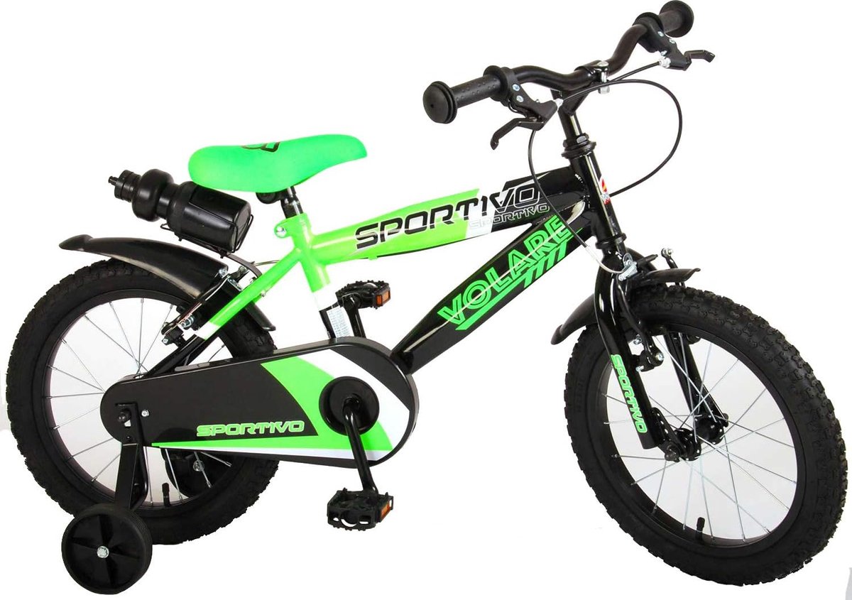 kinderfiets jongens 16 inch neongroen zwart twee handremmen 95 gemonteerd