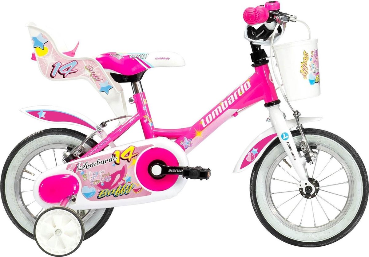 lombardo baffy kinderfiets meisjes fuchsia wit 14 inch