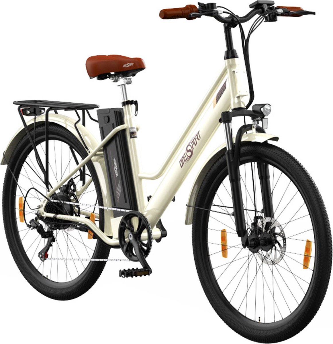 onesport ot18 3 elektrische fiets voor in de stad 26 2 35 inch banden 250w motor 36v 14 4ah accu 100km maximaal bereik 25km h max snelheid shimano 7 versnellingen schijfrem voor en achter wit