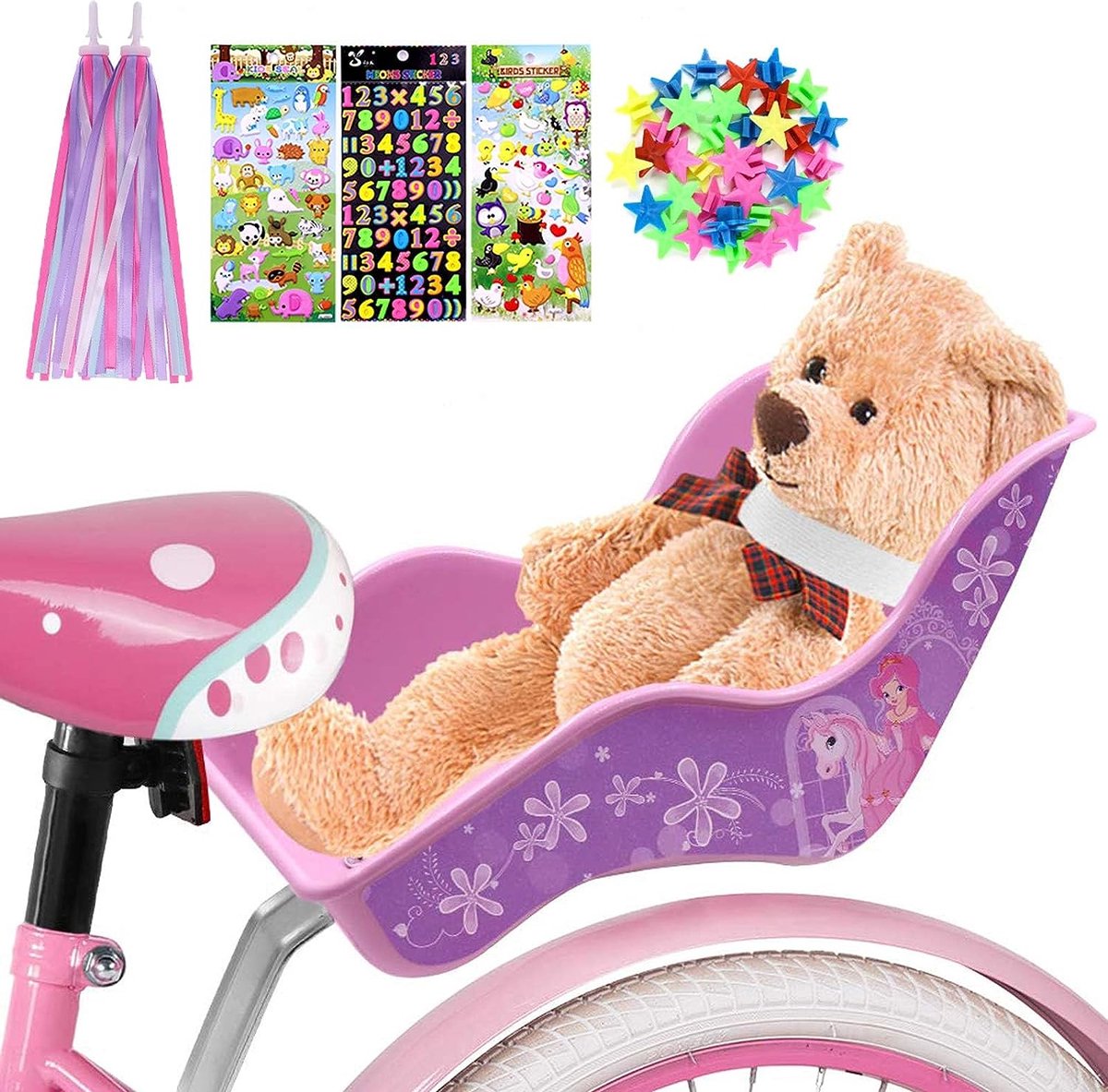 Poppen fietsstoel, poppenstoel voor kinderfiets met spaakclip sterren, stickers, streamer stuur banden, voor doe-het-zelf fietszadelpoppen meisjes cadeauset voor kinderen Kinderfiets kopen online