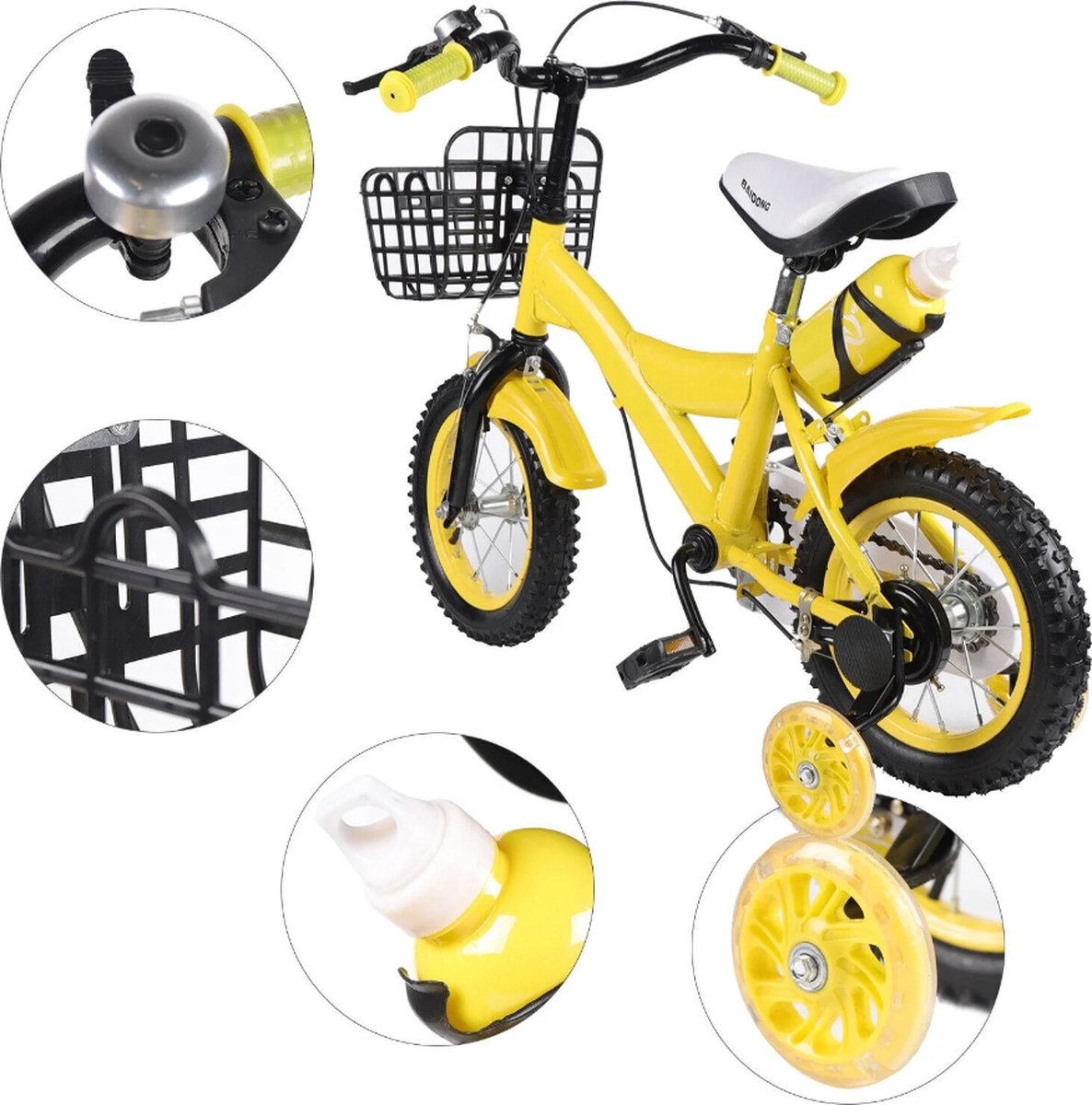 Roroa Kinderfiets 12 Inch - Zijwieltjes - Kinderfietsen - Kinderfiets 12 Inch - Geel - 12 inch - Inclusief Zijwieltjes & Mandje Kinderfiets kopen online
