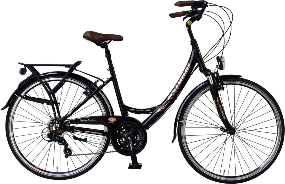 stadsfiets hyped 28 inch met 21 versnellingen framemaat 46 cm v brakes dames herenfiets zwart