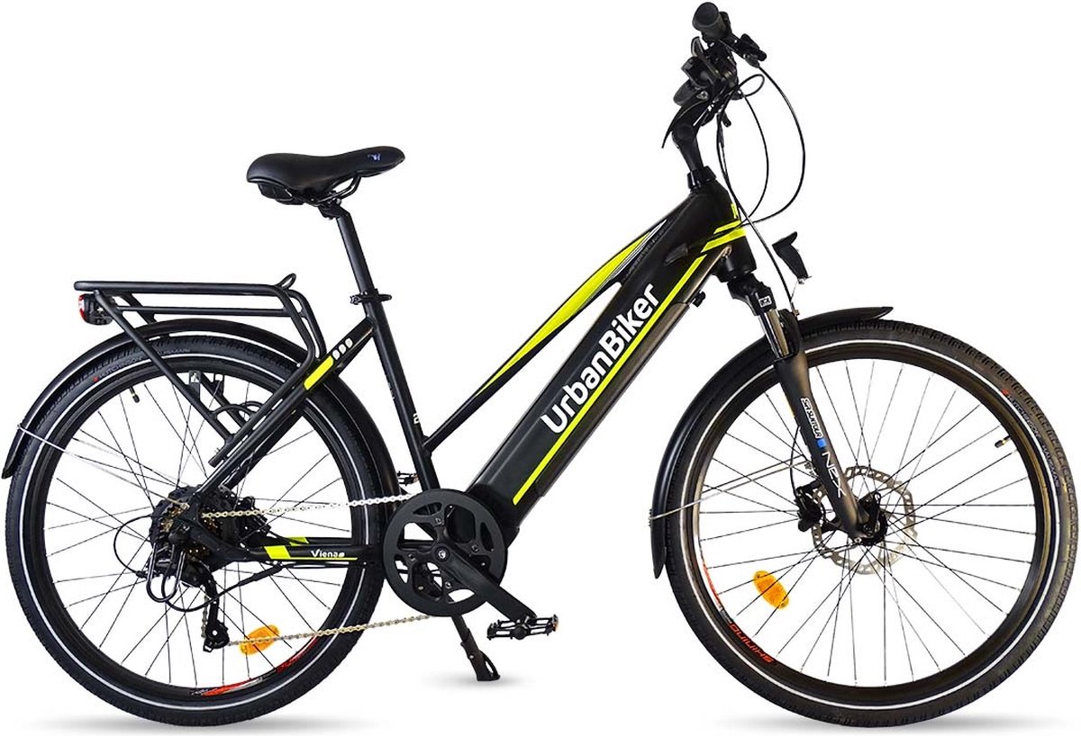 urbanbiker viena elektrische hybride fiets 200km actieradius geel 26
